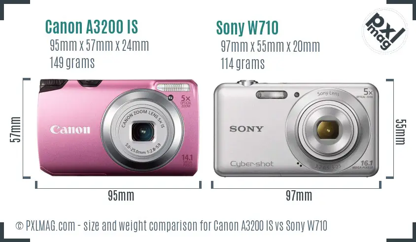 Canon A3200 IS vs Sony W710 size comparison