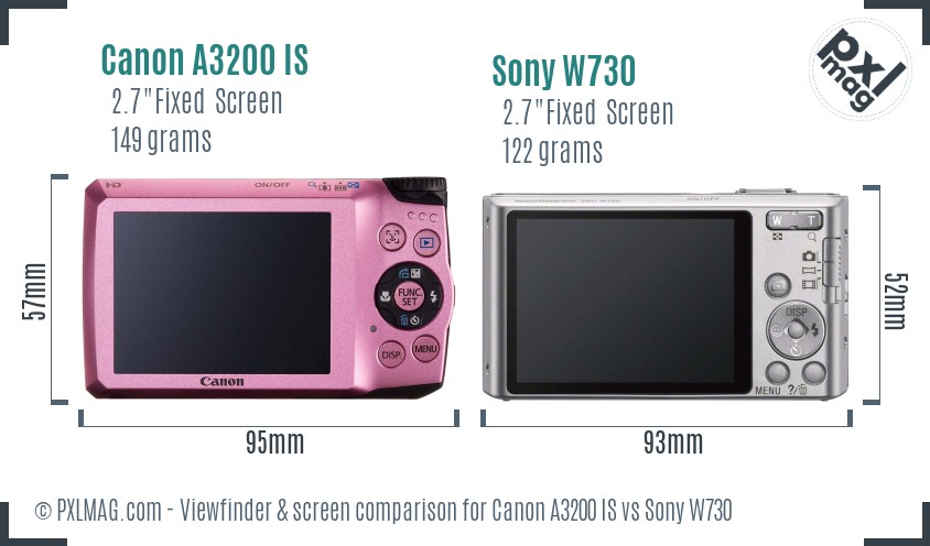 Canon A3200 IS vs Sony W730 Screen and Viewfinder comparison