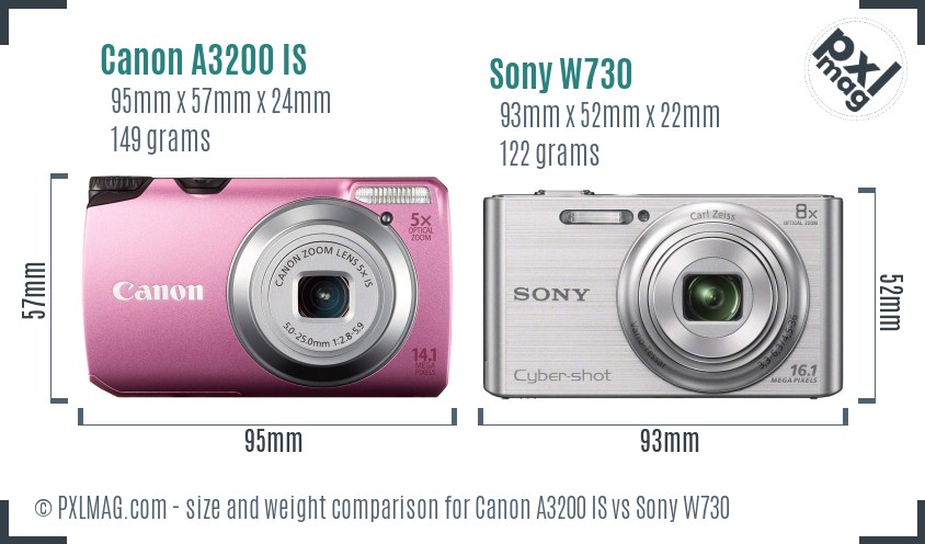 Canon A3200 IS vs Sony W730 size comparison