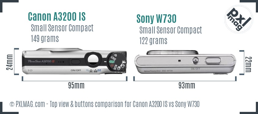 Canon A3200 IS vs Sony W730 top view buttons comparison