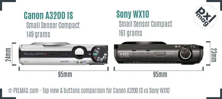 Canon A3200 IS vs Sony WX10 top view buttons comparison