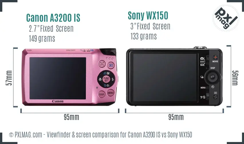 Canon A3200 IS vs Sony WX150 Screen and Viewfinder comparison