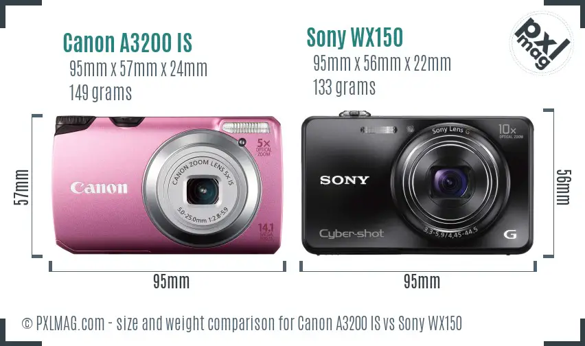 Canon A3200 IS vs Sony WX150 size comparison
