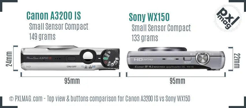 Canon A3200 IS vs Sony WX150 top view buttons comparison