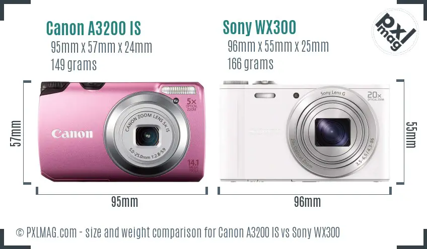 Canon A3200 IS vs Sony WX300 size comparison