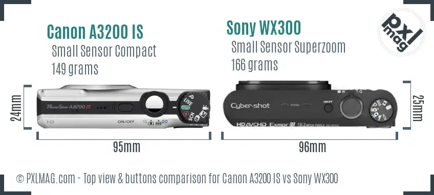 Canon A3200 IS vs Sony WX300 top view buttons comparison