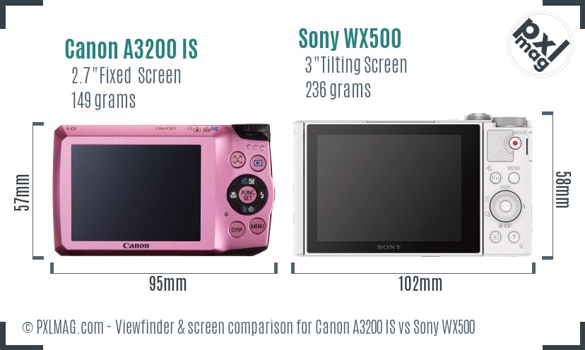 Canon A3200 IS vs Sony WX500 Screen and Viewfinder comparison