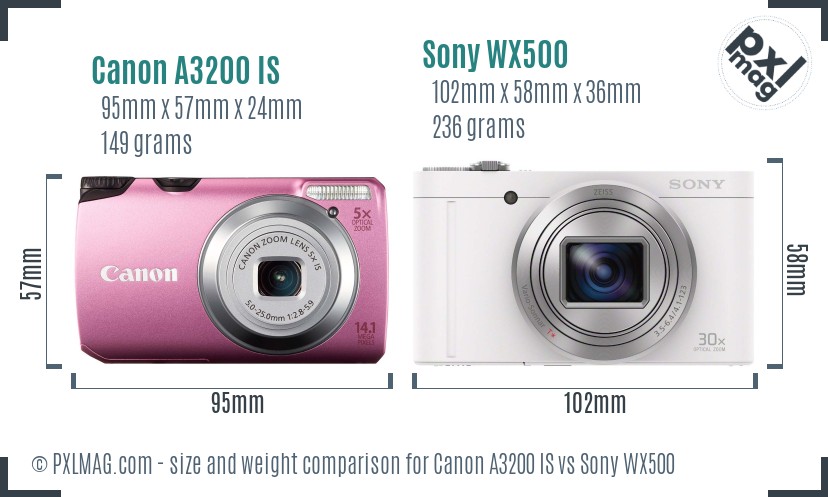 Canon A3200 IS vs Sony WX500 size comparison