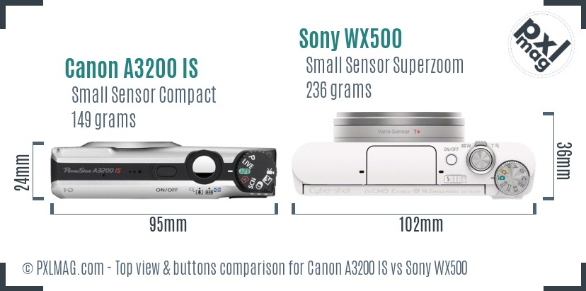 Canon A3200 IS vs Sony WX500 top view buttons comparison