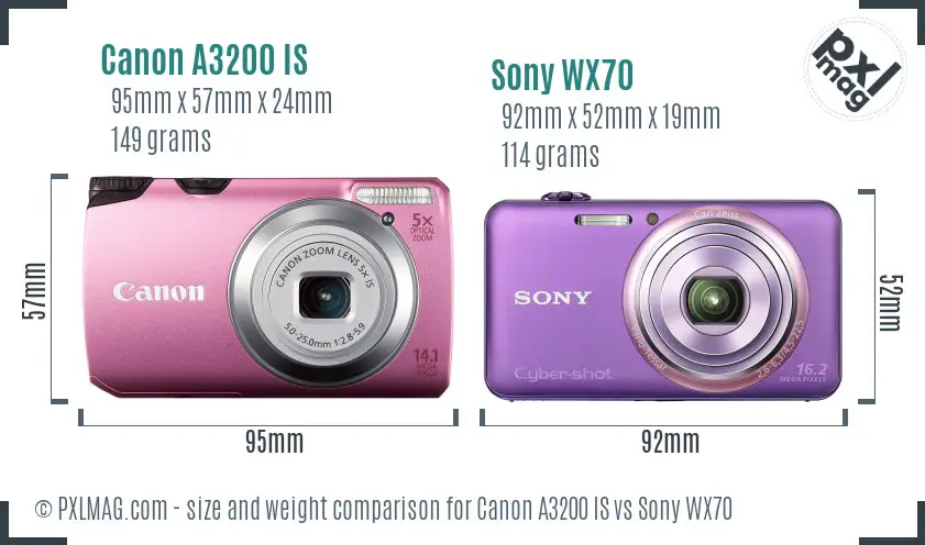 Canon A3200 IS vs Sony WX70 size comparison