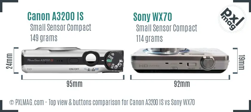 Canon A3200 IS vs Sony WX70 top view buttons comparison