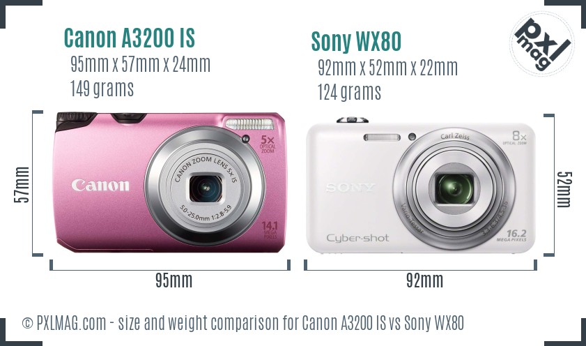 Canon A3200 IS vs Sony WX80 size comparison