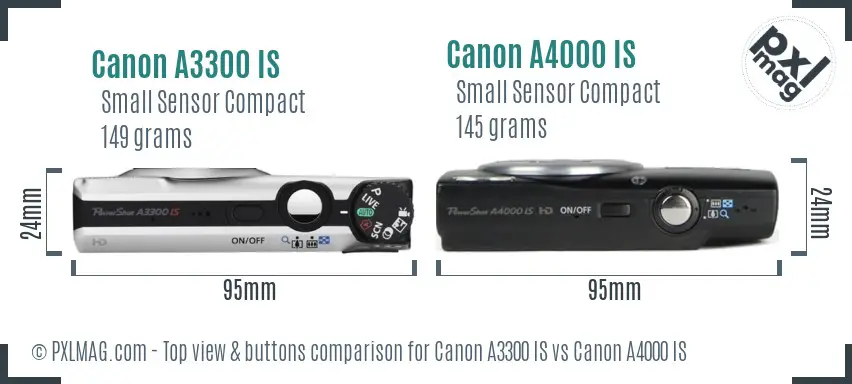 Canon A3300 IS vs Canon A4000 IS top view buttons comparison