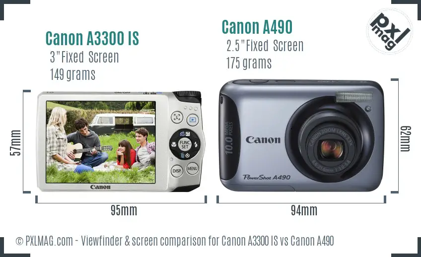 Canon A3300 IS vs Canon A490 Screen and Viewfinder comparison