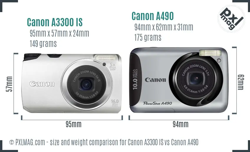 Canon A3300 IS vs Canon A490 size comparison