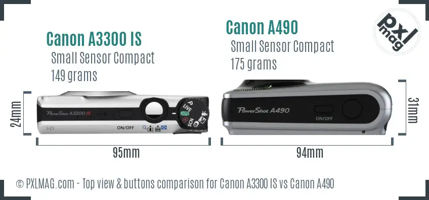 Canon A3300 IS vs Canon A490 top view buttons comparison