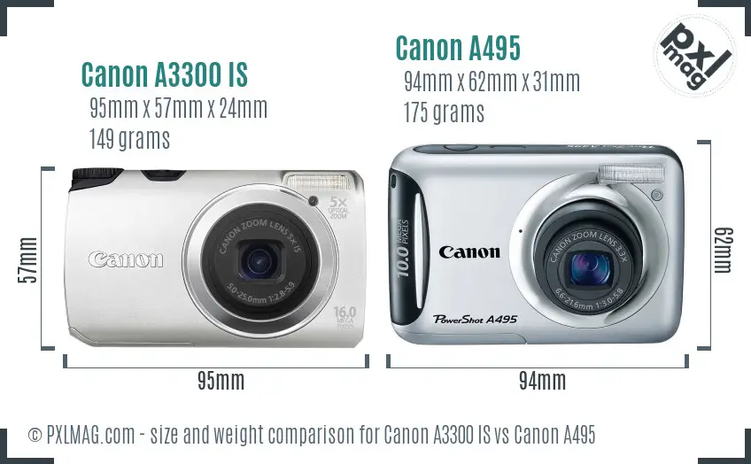 Canon A3300 IS vs Canon A495 size comparison