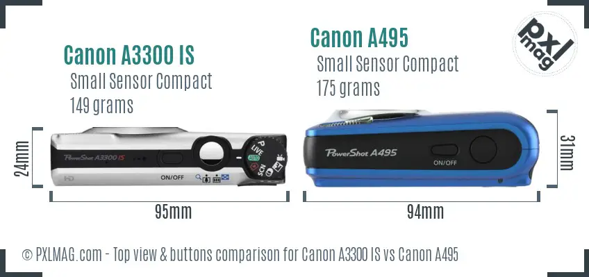 Canon A3300 IS vs Canon A495 top view buttons comparison