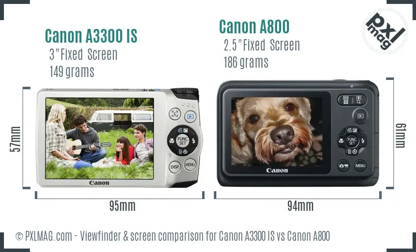 Canon A3300 IS vs Canon A800 Screen and Viewfinder comparison