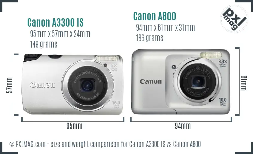 Canon A3300 IS vs Canon A800 size comparison