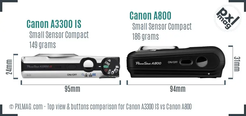 Canon A3300 IS vs Canon A800 top view buttons comparison