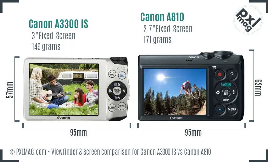 Canon A3300 IS vs Canon A810 Screen and Viewfinder comparison