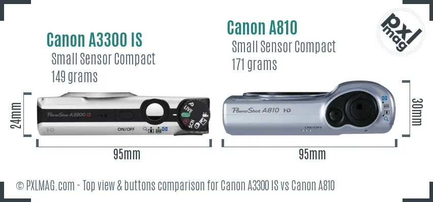 Canon A3300 IS vs Canon A810 top view buttons comparison