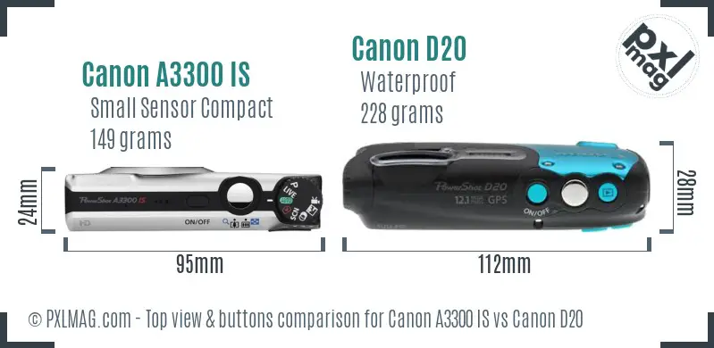 Canon A3300 IS vs Canon D20 top view buttons comparison Canon A3300 IS vs Canon D20 top view buttons comparison