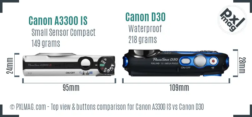 Canon A3300 IS vs Canon D30 top view buttons comparison