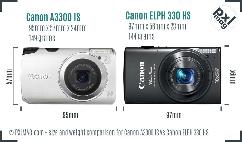 Canon A3300 IS vs Canon ELPH 330 HS size comparison