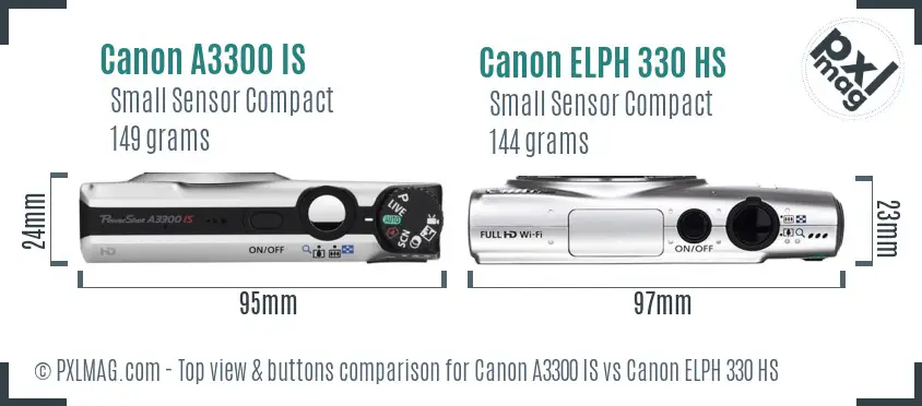 Canon A3300 IS vs Canon ELPH 330 HS top view buttons comparison