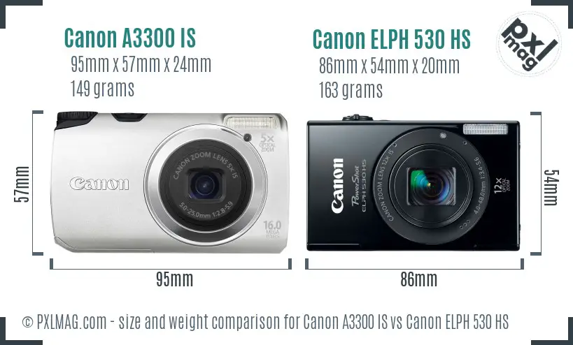 Canon A3300 IS vs Canon ELPH 530 HS size comparison
