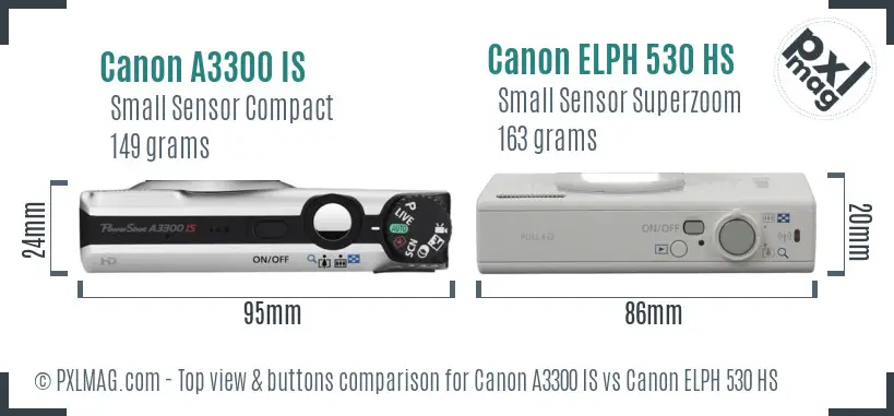 Canon A3300 IS vs Canon ELPH 530 HS top view buttons comparison
