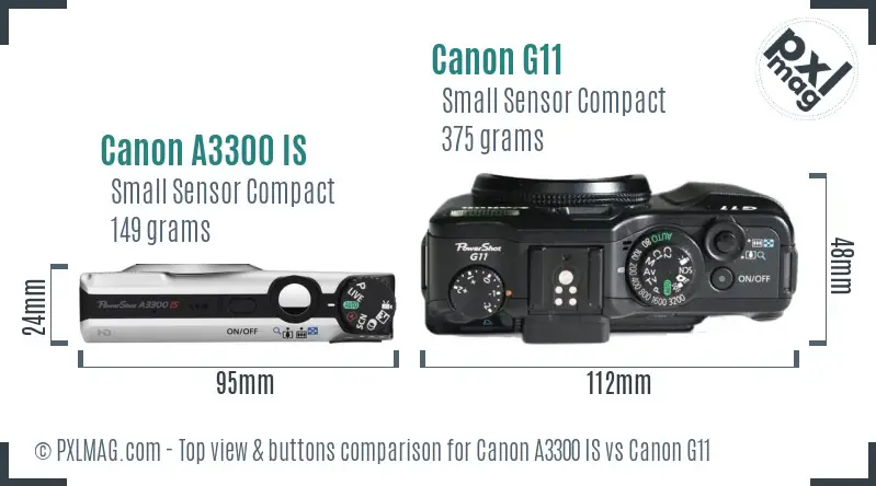 Canon A3300 IS vs Canon G11 top view buttons comparison