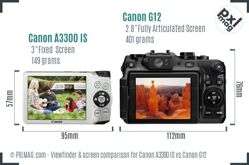 Canon A3300 IS vs Canon G12 Screen and Viewfinder comparison