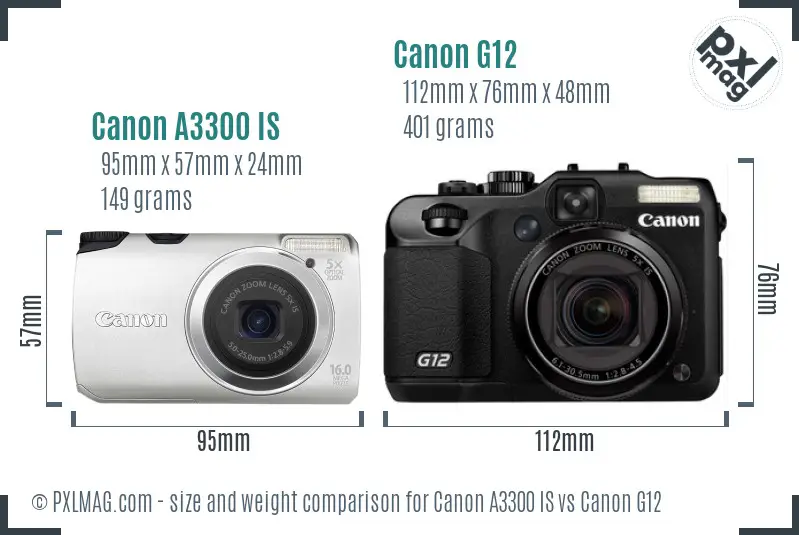 Canon A3300 IS vs Canon G12 size comparison