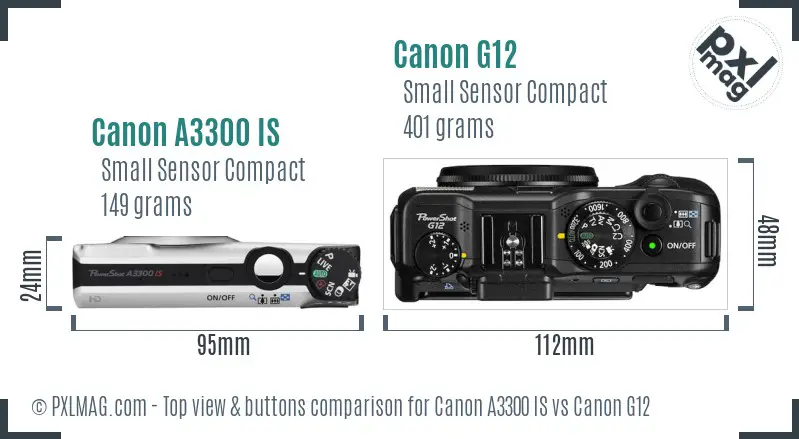 Canon A3300 IS vs Canon G12 top view buttons comparison