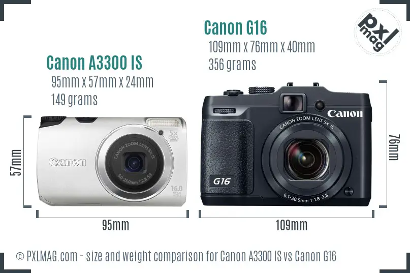 Canon A3300 IS vs Canon G16 size comparison