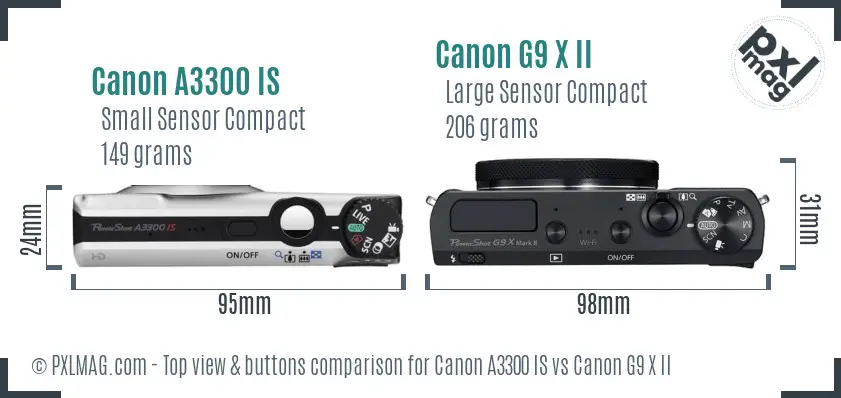 Canon A3300 IS vs Canon G9 X II top view buttons comparison Canon A3300 IS vs Canon G9 X II top view buttons comparison
