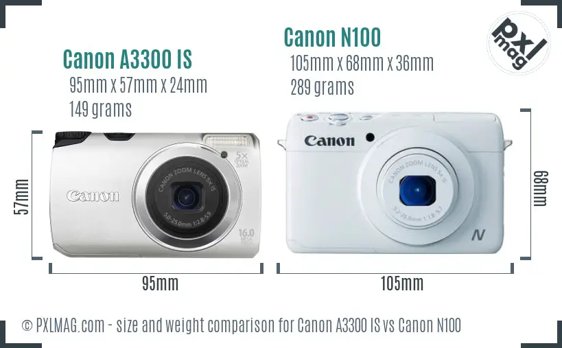 Canon A3300 IS vs Canon N100 size comparison Canon A3300 IS vs Canon N100 size comparison