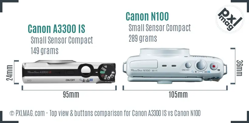 Canon A3300 IS vs Canon N100 top view buttons comparison Canon A3300 IS vs Canon N100 top view buttons comparison