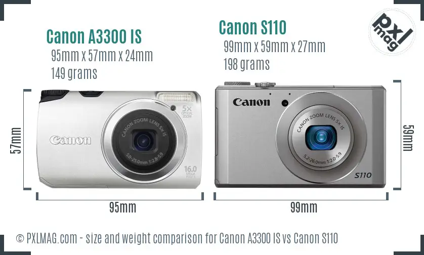 Canon A3300 IS vs Canon S110 size comparison