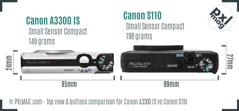Canon A3300 IS vs Canon S110 top view buttons comparison