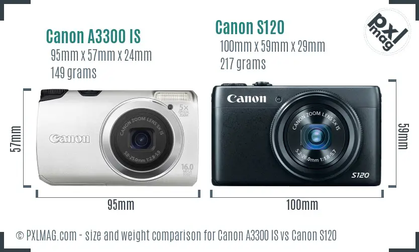 Canon A3300 IS vs Canon S120 size comparison
