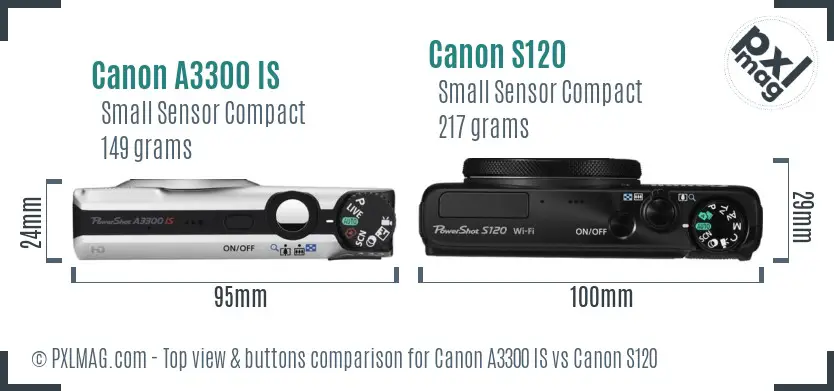 Canon A3300 IS vs Canon S120 top view buttons comparison