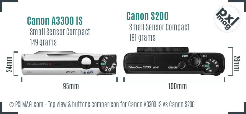 Canon A3300 IS vs Canon S200 top view buttons comparison