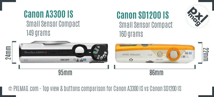 Canon A3300 IS vs Canon SD1200 IS top view buttons comparison