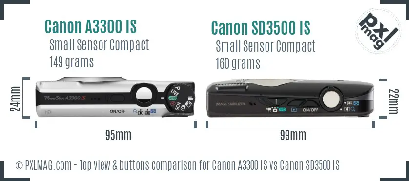 Canon A3300 IS vs Canon SD3500 IS top view buttons comparison Canon A3300 IS vs Canon SD3500 IS top view buttons comparison