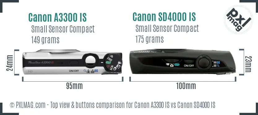 Canon A3300 IS vs Canon SD4000 IS top view buttons comparison