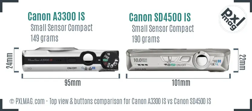 Canon A3300 IS vs Canon SD4500 IS top view buttons comparison Canon A3300 IS vs Canon SD4500 IS top view buttons comparison